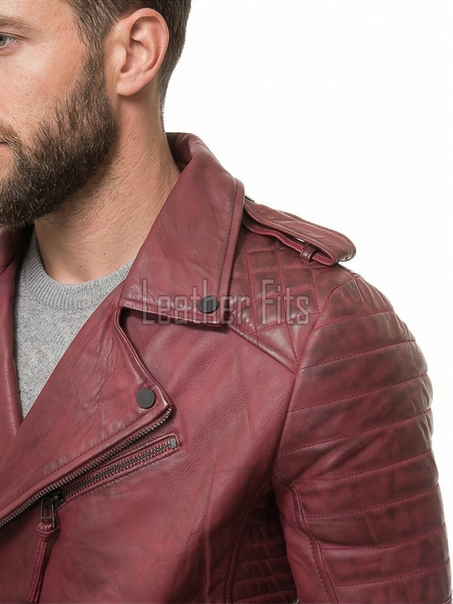 Men Oxblood Red Leather Biker Jacket | Premium Distressed Burgundy Sheepskin Double Rider | Diamond Quilted Heavy Edge Moto Blouson