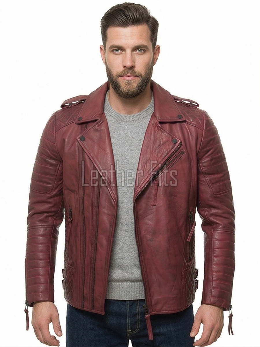 Men Oxblood Red Leather Biker Jacket | Premium Distressed Burgundy Sheepskin Double Rider | Diamond Quilted Heavy Edge Moto Blouson