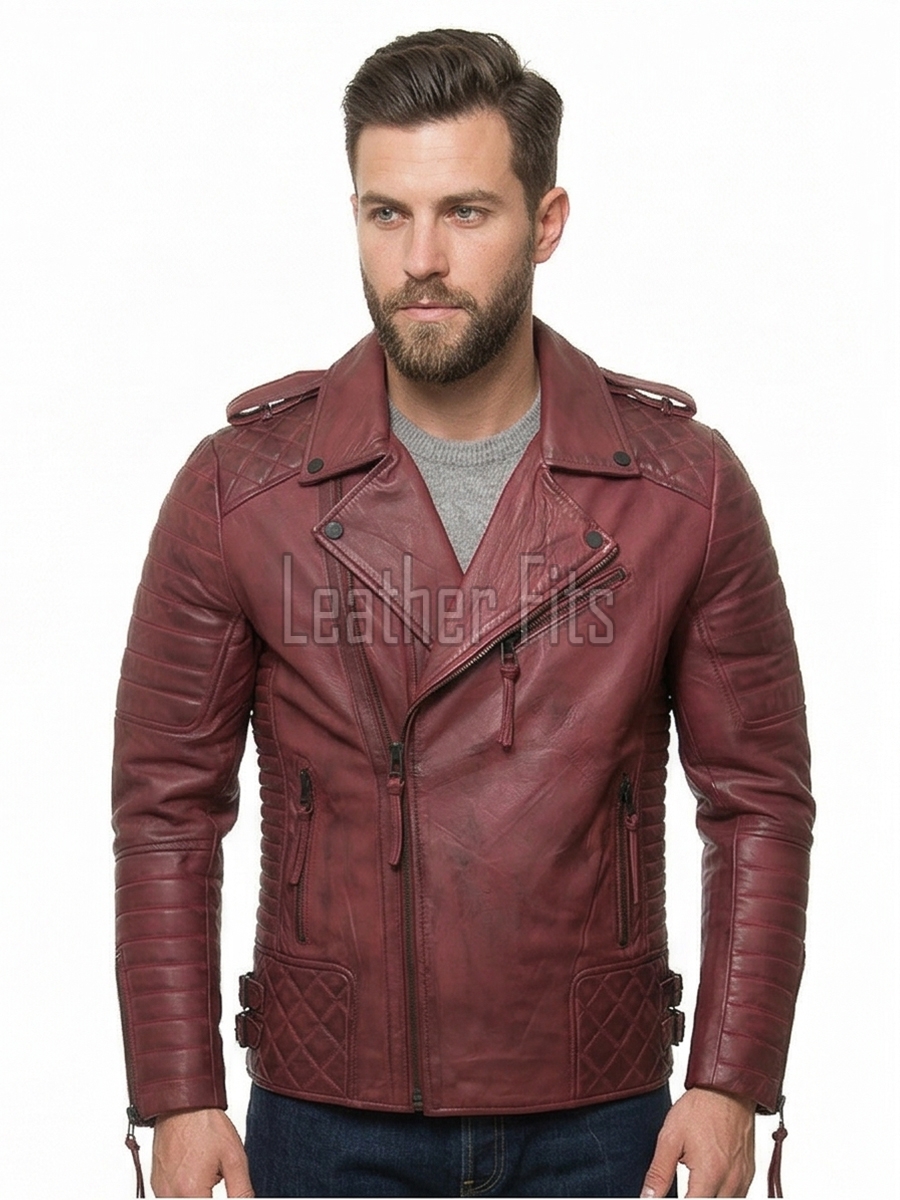 Men Oxblood Red Leather Biker Jacket | Premium Distressed Burgundy Sheepskin Double Rider | Diamond Quilted Heavy Edge Moto Blouson