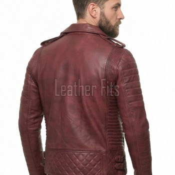 Men Oxblood Red Leather Biker Jacket | Premium Distressed Burgundy Sheepskin Double Rider | Diamond Quilted Heavy Edge Moto Blouson