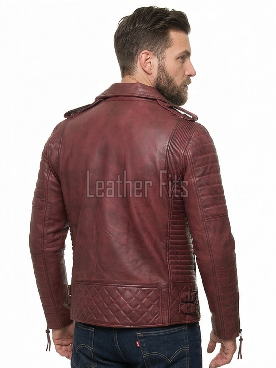 Men Oxblood Red Leather Biker Jacket | Premium Distressed Burgundy Sheepskin Double Rider | Diamond Quilted Heavy Edge Moto Blouson