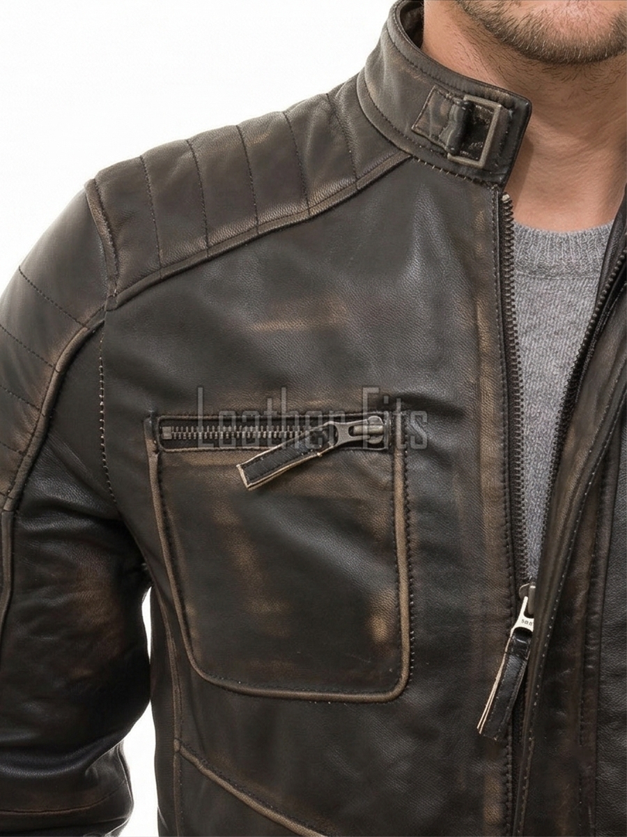 Men Distressed Black Leather Jacket | Premium Charcoal Obsidian Sheepskin Cafe Racer | Vintage Smoked Sulfur Quilted Moto Rider Blouson