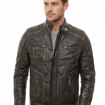Men Distressed Black Leather Jacket | Premium Charcoal Obsidian Sheepskin Cafe Racer | Vintage Smoked Sulfur Quilted Moto Rider Blouson