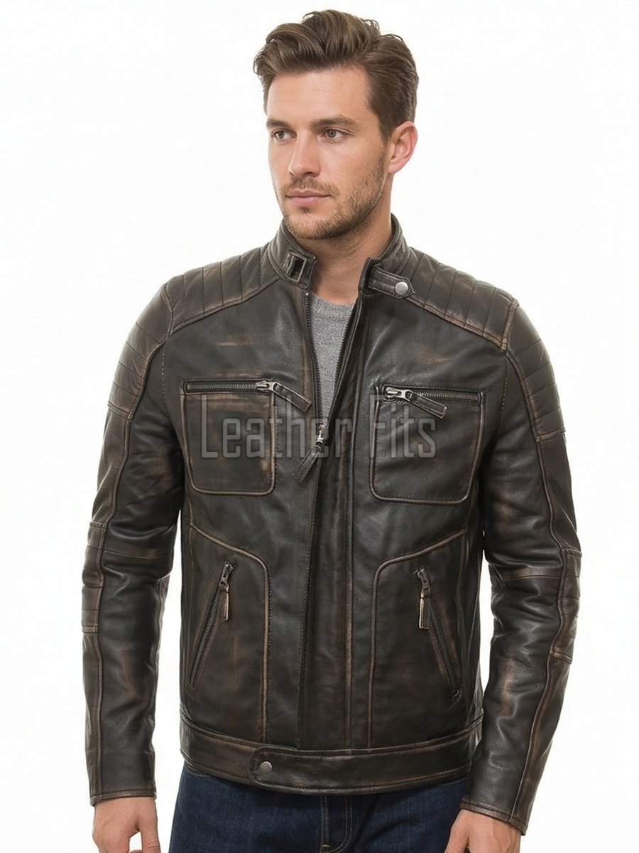 Men Distressed Black Leather Jacket | Premium Charcoal Obsidian Sheepskin Cafe Racer | Vintage Smoked Sulfur Quilted Moto Rider Blouson