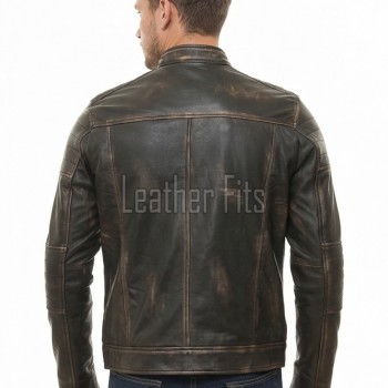 Men Distressed Black Leather Jacket | Premium Charcoal Obsidian Sheepskin Cafe Racer | Vintage Smoked Sulfur Quilted Moto Rider Blouson