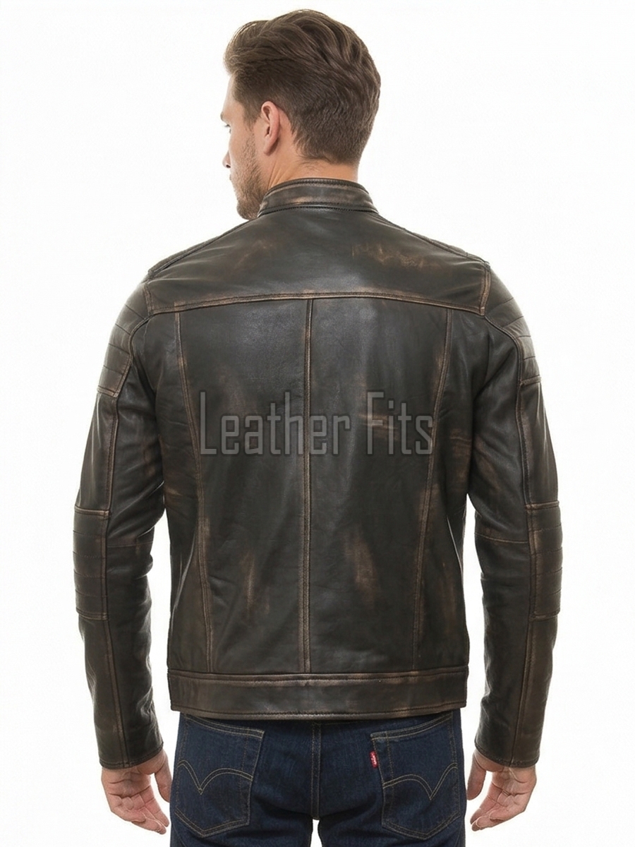 Men Distressed Black Leather Jacket | Premium Charcoal Obsidian Sheepskin Cafe Racer | Vintage Smoked Sulfur Quilted Moto Rider Blouson