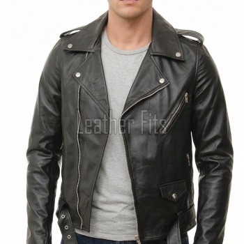 Men Classic Black Leather Biker Jacket | Premium Onyx Sheepskin Belted Double Rider | Heritage Rocker Moto Blouson with Silver YKK Zippers