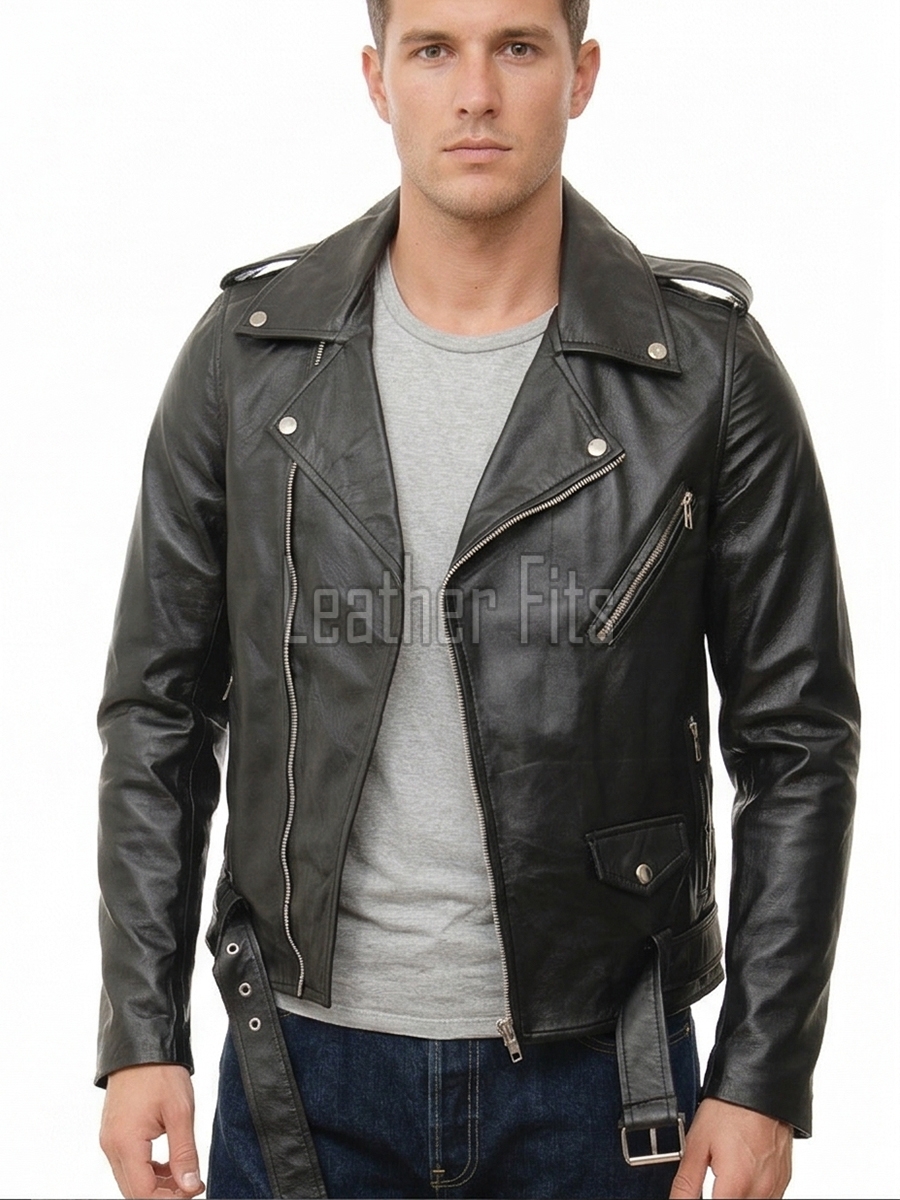 Men Classic Black Leather Biker Jacket | Premium Onyx Sheepskin Belted Double Rider | Heritage Rocker Moto Blouson with Silver YKK Zippers