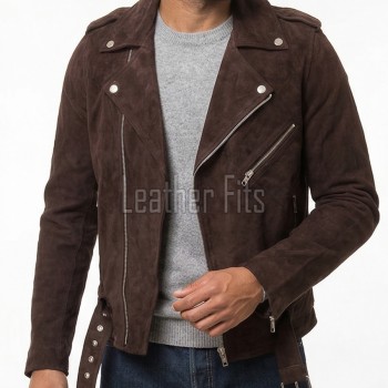 Men Brown Suede Leather Biker Jacket | Premium Cocoa Espresso Genuine Double Rider | Vintage Velvet Touch Luxury Moto Blouson Belted