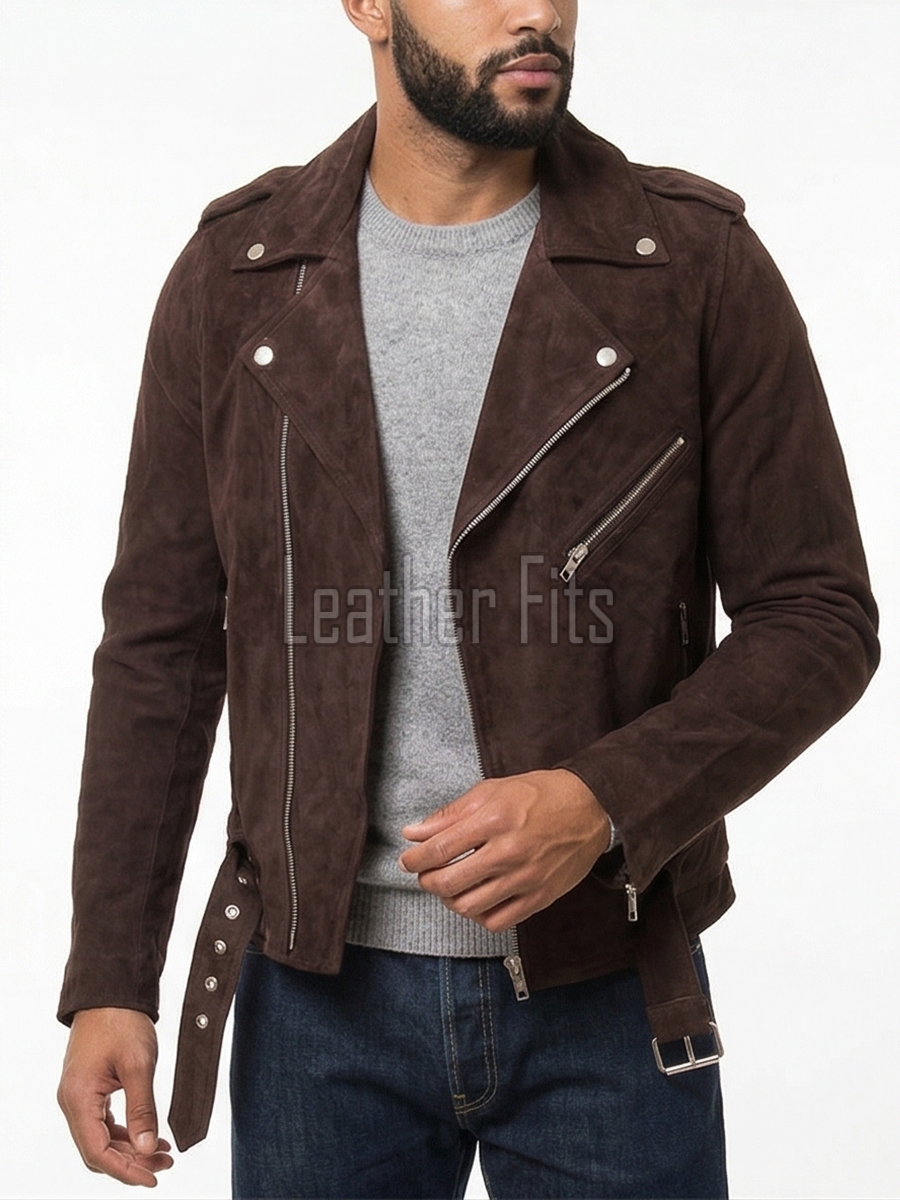 Men Brown Suede Leather Biker Jacket | Premium Cocoa Espresso Genuine Double Rider | Vintage Velvet Touch Luxury Moto Blouson Belted