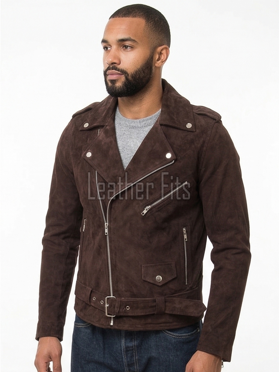 Men Brown Suede Leather Biker Jacket | Premium Cocoa Espresso Genuine Double Rider | Vintage Velvet Touch Luxury Moto Blouson Belted