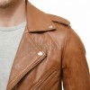Men Tan Leather Biker Jacket | Premium Cognac Sheepskin Belted Double Rider | Vintage British Tan Moto Blouson with Silver Hardware