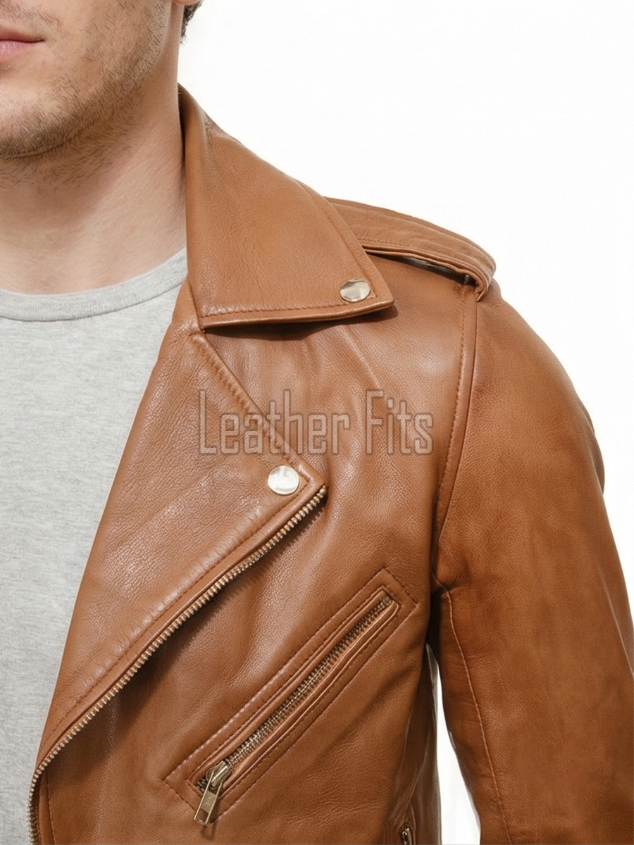 Men Tan Leather Biker Jacket | Premium Cognac Sheepskin Belted Double Rider | Vintage British Tan Moto Blouson with Silver Hardware