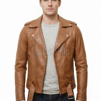 Men Tan Leather Biker Jacket | Premium Cognac Sheepskin Belted Double Rider | Vintage British Tan Moto Blouson with Silver Hardware
