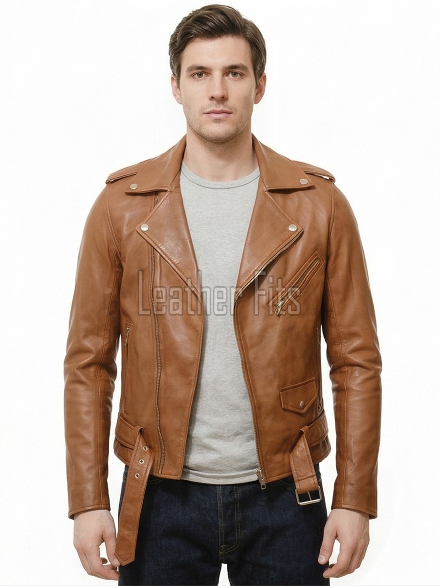 Men Tan Leather Biker Jacket | Premium Cognac Sheepskin Belted Double Rider | Vintage British Tan Moto Blouson with Silver Hardware