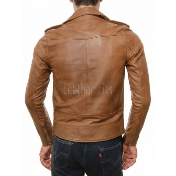 Men Tan Leather Biker Jacket | Premium Cognac Sheepskin Belted Double Rider | Vintage British Tan Moto Blouson with Silver Hardware