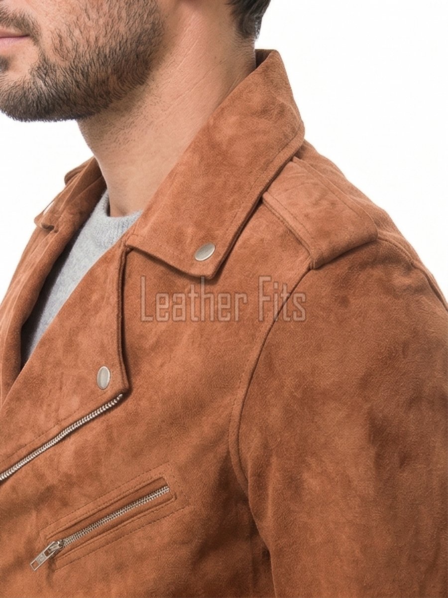 Men Camel Suede Leather Biker Jacket | Premium Toffee Genuine Double Rider | Vintage Tan Velvet Touch Luxury Moto Blouson Belted