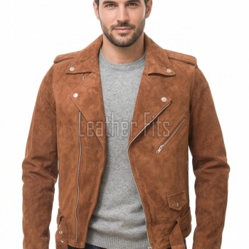 Men Camel Suede Leather Biker Jacket | Premium Toffee Genuine Double Rider | Vintage Tan Velvet Touch Luxury Moto Blouson Belted