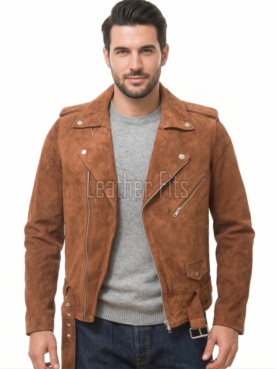 Men Camel Suede Leather Biker Jacket | Premium Toffee Genuine Double Rider | Vintage Tan Velvet Touch Luxury Moto Blouson Belted
