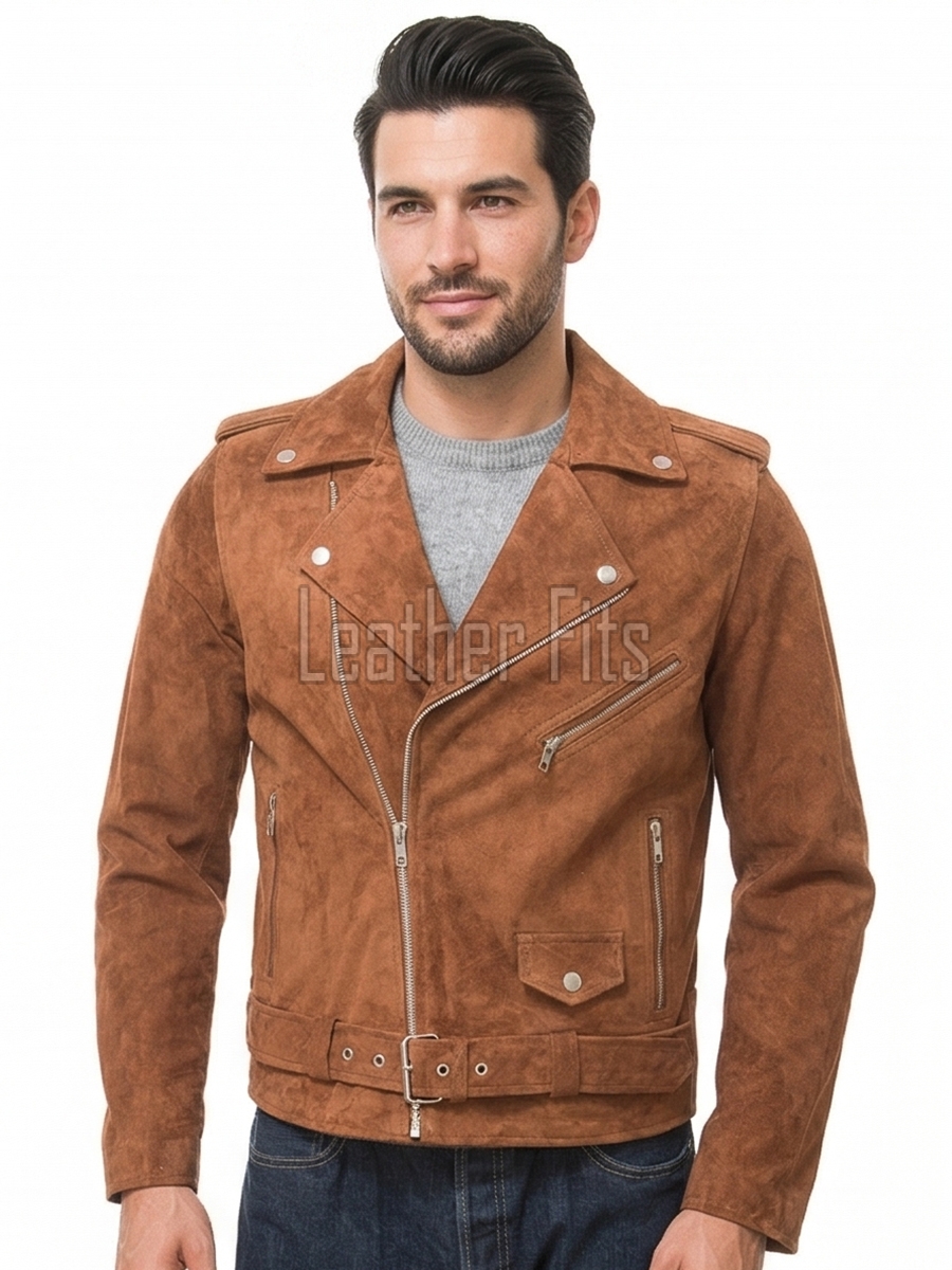 Men Camel Suede Leather Biker Jacket | Premium Toffee Genuine Double Rider | Vintage Tan Velvet Touch Luxury Moto Blouson Belted