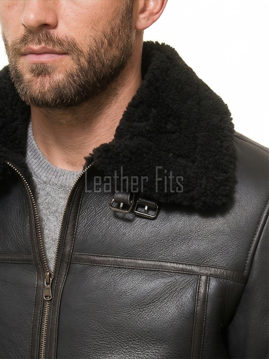 Men Dark Brown Leather Shearling Bomber Jacket | Premium B-3 Aviator Flight Coat | Heavy Winter Warm Fleece Fur Collared Tactical Blouson