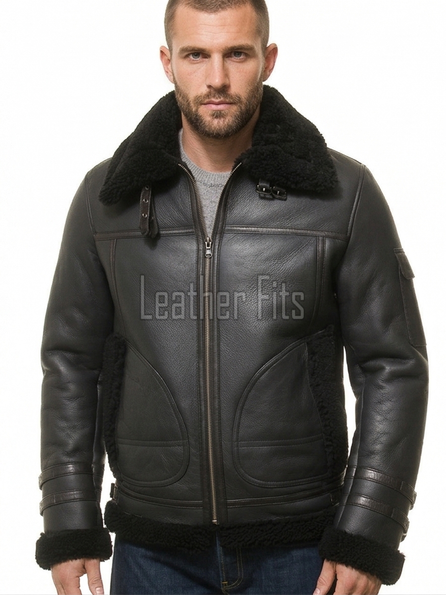 Men Dark Brown Leather Shearling Bomber Jacket | Premium B-3 Aviator Flight Coat | Heavy Winter Warm Fleece Fur Collared Tactical Blouson
