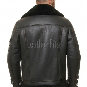 Men Dark Brown Leather Shearling Bomber Jacket | Premium B-3 Aviator Flight Coat | Heavy Winter Warm Fleece Fur Collared Tactical Blouson