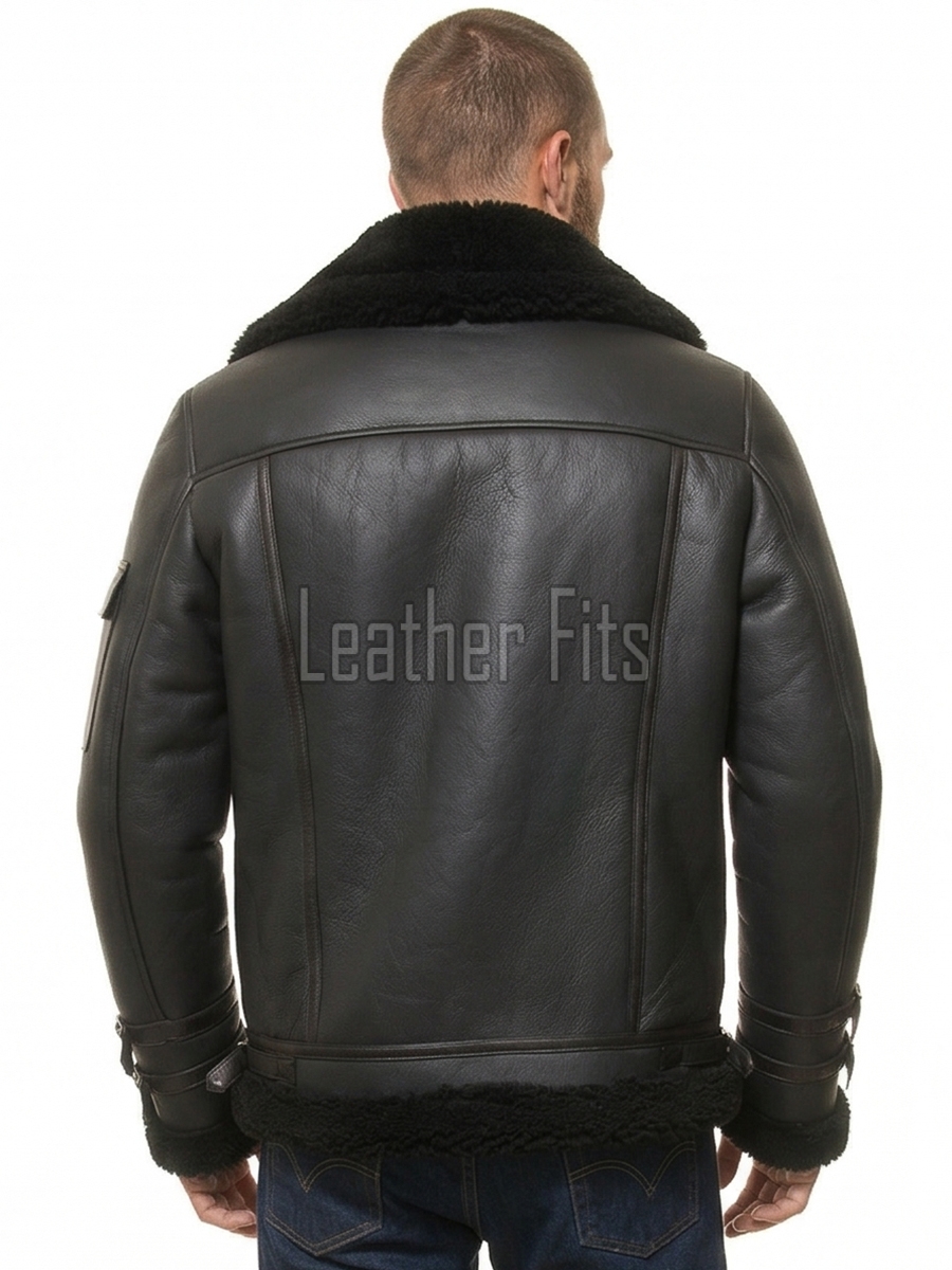 Men Dark Brown Leather Shearling Bomber Jacket | Premium B-3 Aviator Flight Coat | Heavy Winter Warm Fleece Fur Collared Tactical Blouson