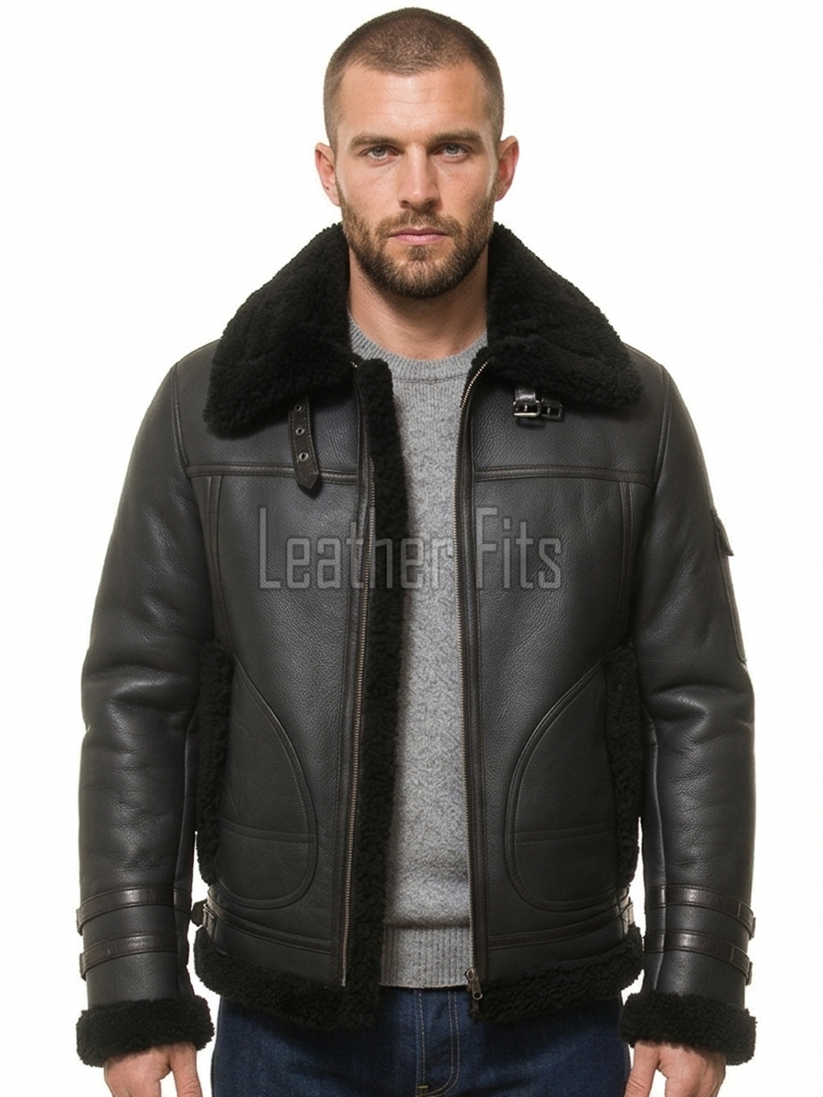 Men Dark Brown Leather Shearling Bomber Jacket | Premium B-3 Aviator Flight Coat | Heavy Winter Warm Fleece Fur Collared Tactical Blouson
