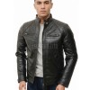 Men Black Leather Cafe Racer Jacket | Premium Diamond Grid Quilted Shoulder Moto Blouson | Slim Fit Genuine Sheepskin Snap Tab Collar Coat