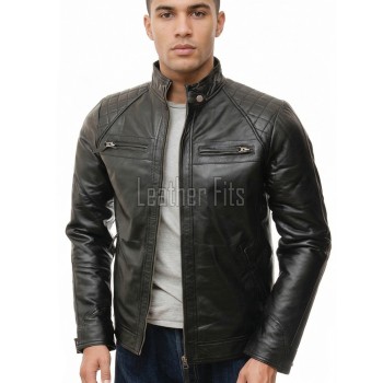 Men Black Leather Cafe Racer Jacket | Premium Diamond Grid Quilted Shoulder Moto Blouson | Slim Fit Genuine Sheepskin Snap Tab Collar Coat