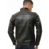 Men Black Leather Cafe Racer Jacket | Premium Diamond Grid Quilted Shoulder Moto Blouson | Slim Fit Genuine Sheepskin Snap Tab Collar Coat