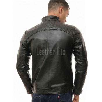 Men Black Leather Cafe Racer Jacket | Premium Diamond Grid Quilted Shoulder Moto Blouson | Slim Fit Genuine Sheepskin Snap Tab Collar Coat