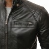 Men Black Leather Cafe Racer Jacket | Premium Diamond Grid Quilted Shoulder Moto Blouson | Slim Fit Genuine Sheepskin Snap Tab Collar Coat