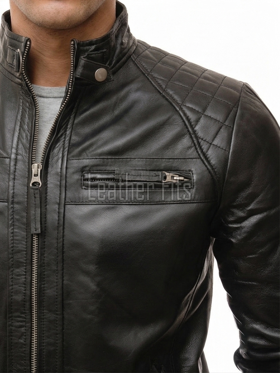 Men Black Leather Cafe Racer Jacket | Premium Diamond Grid Quilted Shoulder Moto Blouson | Slim Fit Genuine Sheepskin Snap Tab Collar Coat
