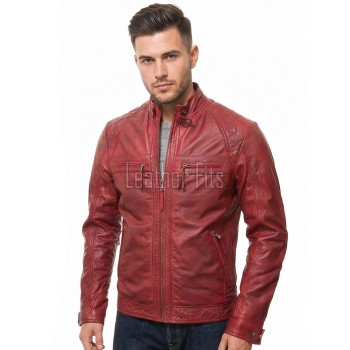Men Cherry Red Leather Cafe Racer Jacket | Premium Distressed Waxed Moto Blouson | Vintage Antique Crimson Diamond Quilted Shoulder Coat