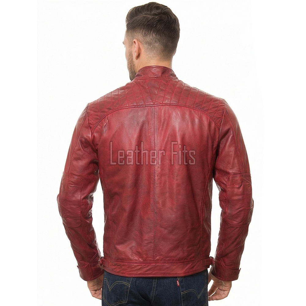 Men Cherry Red Leather Cafe Racer Jacket | Premium Distressed Waxed Moto Blouson | Vintage Antique Crimson Diamond Quilted Shoulder Coat