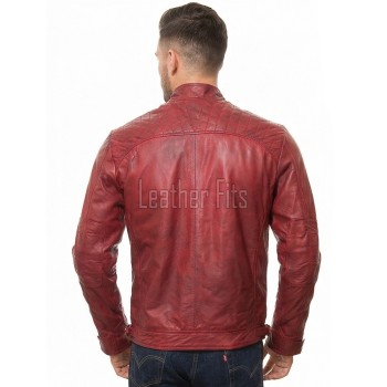 Men Cherry Red Leather Cafe Racer Jacket | Premium Distressed Waxed Moto Blouson | Vintage Antique Crimson Diamond Quilted Shoulder Coat