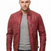 Men Cherry Red Leather Cafe Racer Jacket | Premium Distressed Waxed Moto Blouson | Vintage Antique Crimson Diamond Quilted Shoulder Coat