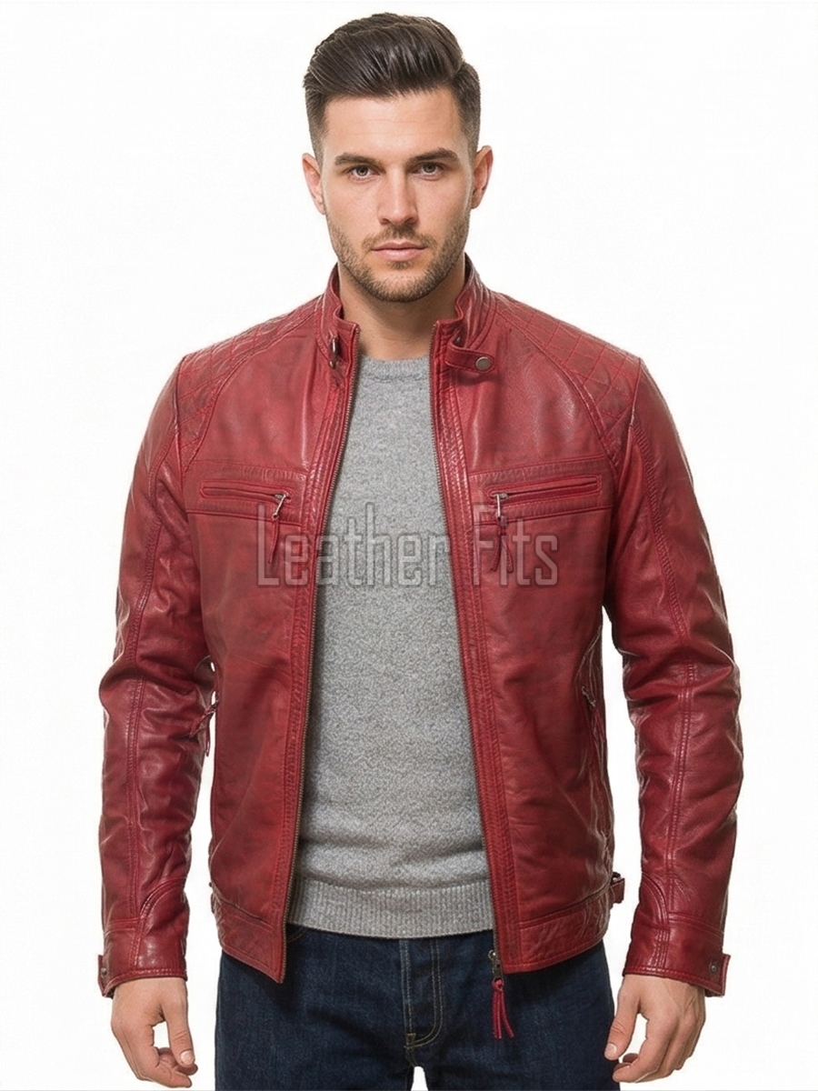 Men Cherry Red Leather Cafe Racer Jacket | Premium Distressed Waxed Moto Blouson | Vintage Antique Crimson Diamond Quilted Shoulder Coat
