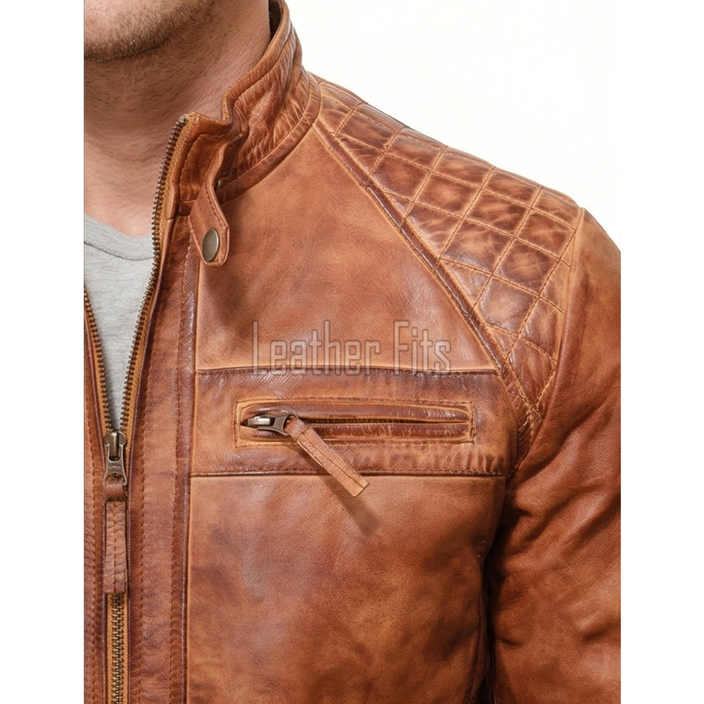 Men Cognac Tan Leather Cafe Racer Jacket | Premium Distressed Washed Amber Moto Blouson | Vintage Diamond Quilted Shoulder Biker Coat