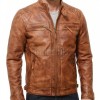 Men Cognac Tan Leather Cafe Racer Jacket | Premium Distressed Washed Amber Moto Blouson | Vintage Diamond Quilted Shoulder Biker Coat