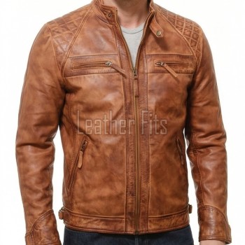 Men Cognac Tan Leather Cafe Racer Jacket | Premium Distressed Washed Amber Moto Blouson | Vintage Diamond Quilted Shoulder Biker Coat