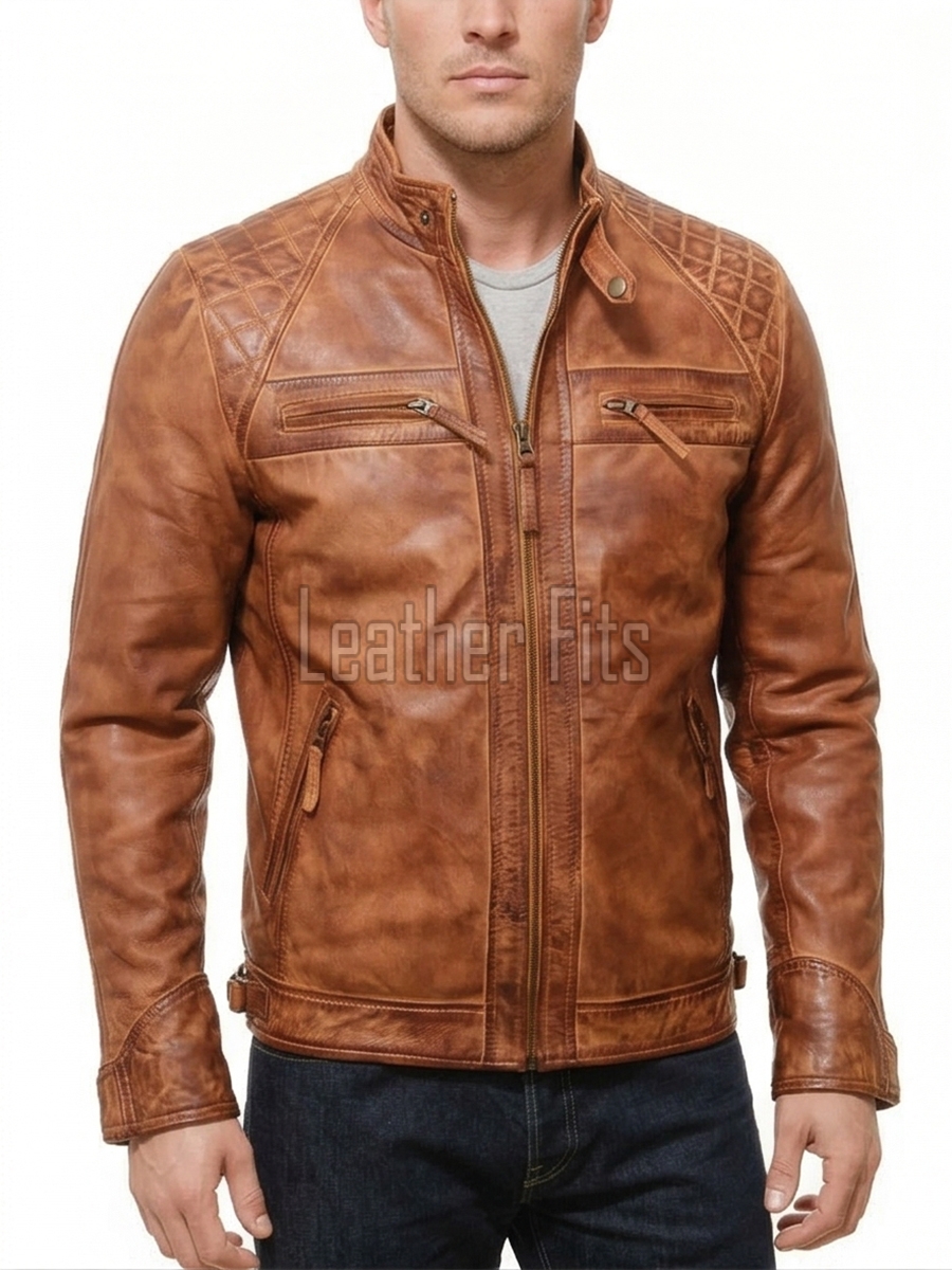 Men Cognac Tan Leather Cafe Racer Jacket | Premium Distressed Washed Amber Moto Blouson | Vintage Diamond Quilted Shoulder Biker Coat