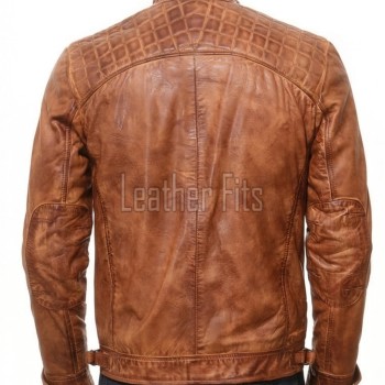 Men Cognac Tan Leather Cafe Racer Jacket | Premium Distressed Washed Amber Moto Blouson | Vintage Diamond Quilted Shoulder Biker Coat