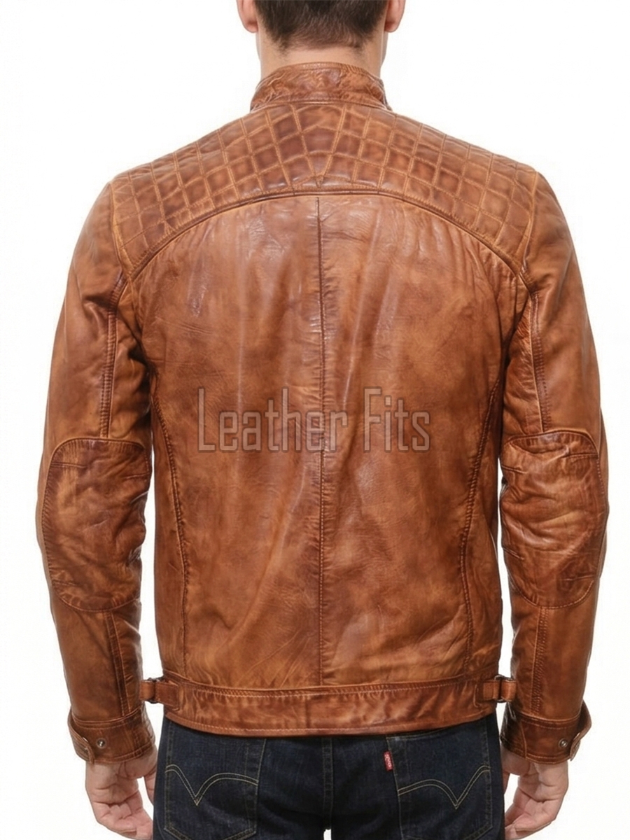 Men Cognac Tan Leather Cafe Racer Jacket | Premium Distressed Washed Amber Moto Blouson | Vintage Diamond Quilted Shoulder Biker Coat