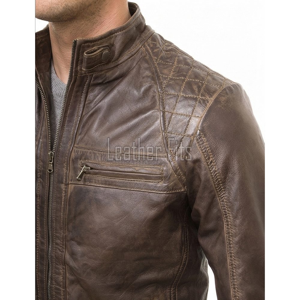 Men Dark Brown Leather Cafe Racer Jacket | Premium Distressed Waxed Coffee Moto Blouson | Vintage Antique Cocoa Diamond Quilted Biker Coat