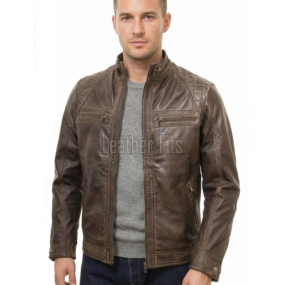 Men Dark Brown Leather Cafe Racer Jacket | Premium Distressed Waxed Coffee Moto Blouson | Vintage Antique Cocoa Diamond Quilted Biker Coat