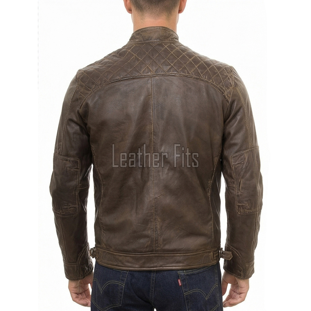 Men Dark Brown Leather Cafe Racer Jacket | Premium Distressed Waxed Coffee Moto Blouson | Vintage Antique Cocoa Diamond Quilted Biker Coat