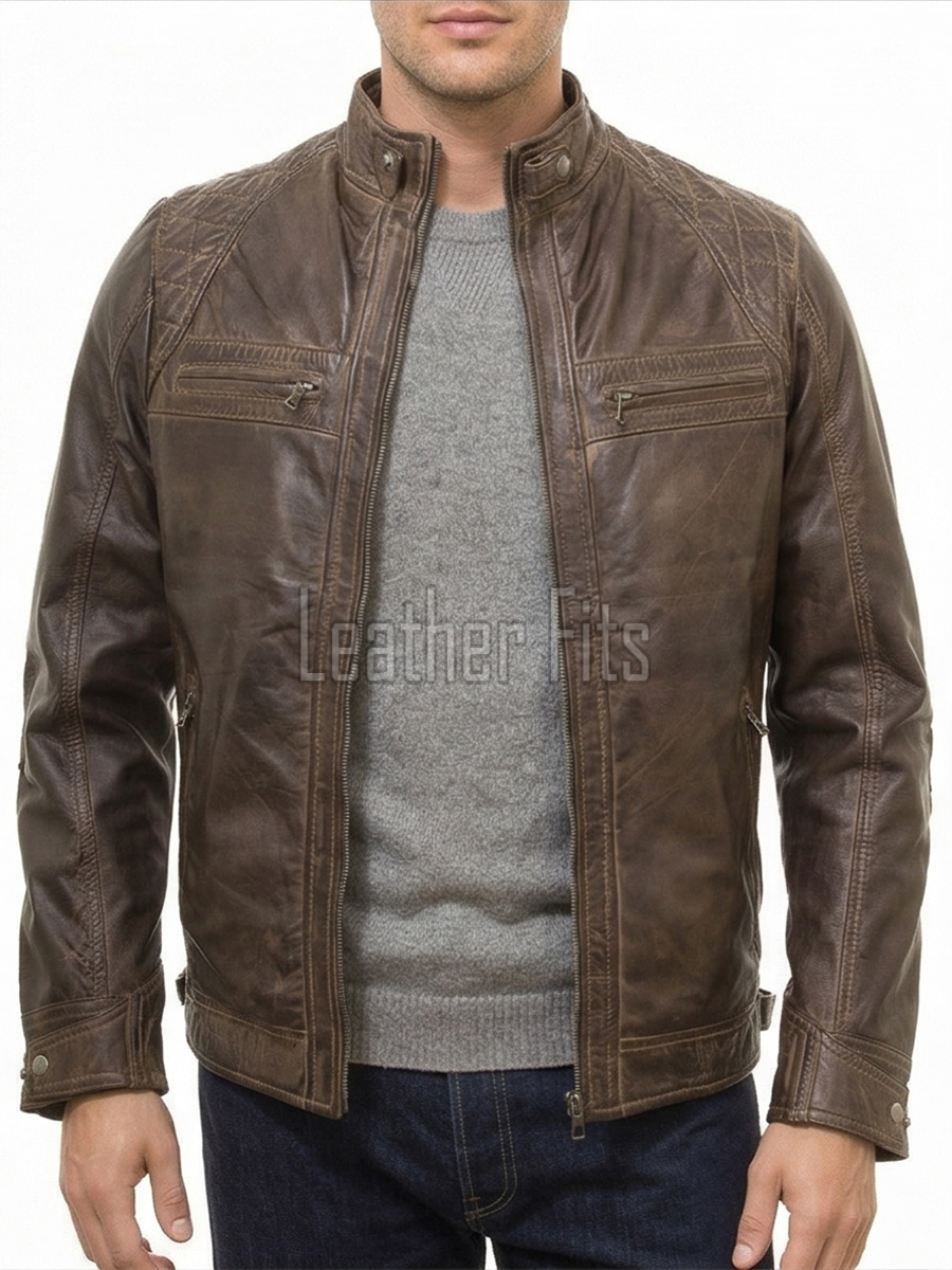Men Dark Brown Leather Cafe Racer Jacket | Premium Distressed Waxed Coffee Moto Blouson | Vintage Antique Cocoa Diamond Quilted Biker Coat
